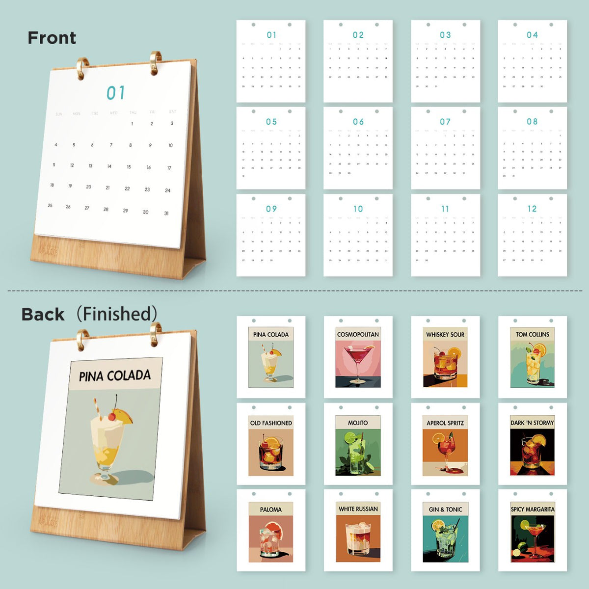 Elegant Cocktail Art Desk Calendar 2026