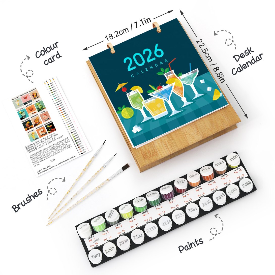 Elegant Cocktail Art Desk Calendar 2026